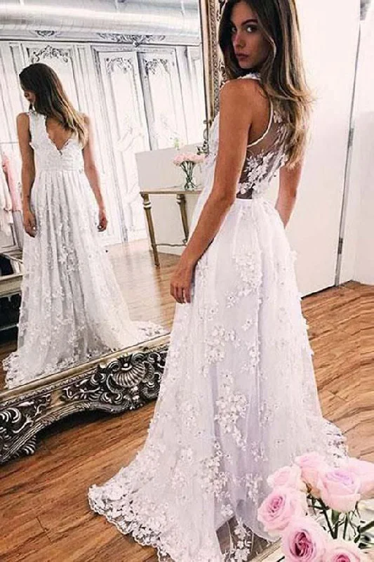 women's floral dressesA Line V-Neck Sleeveless Lace Wedding Dresses Long Bridal Dresses with Lace N2507