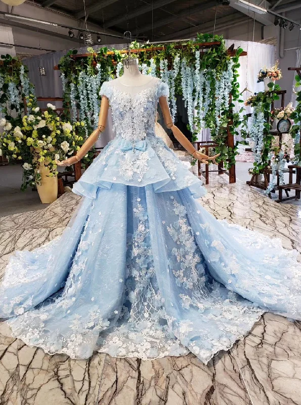 Bohemian DressSky Blue Quinceanera Dresses Ball Gown Vintage Wedding Dress With Appliques Beading PO030