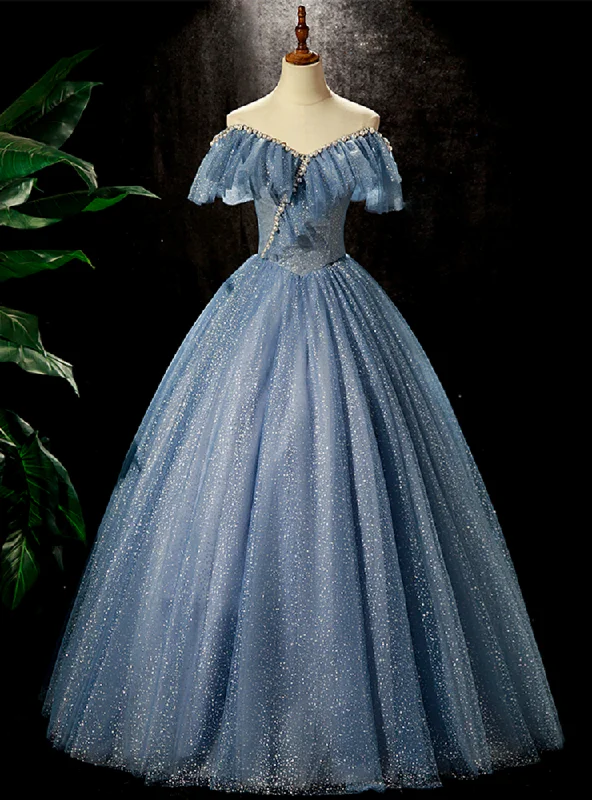 Halter DressBlue Tulle Off the Shoulder Pearls Quinceanera Dress
