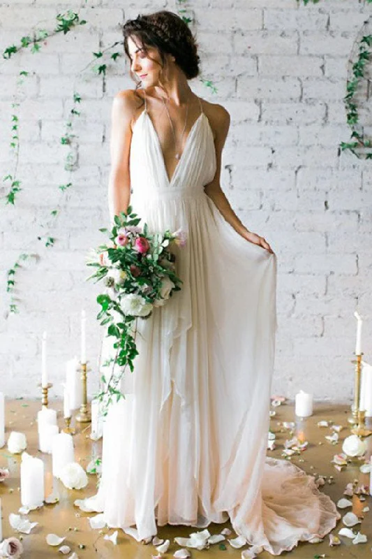 women's curve-hugging dressesIvory Backless Deep V-Neck Straps Sweep Train Beach Wedding Dresses