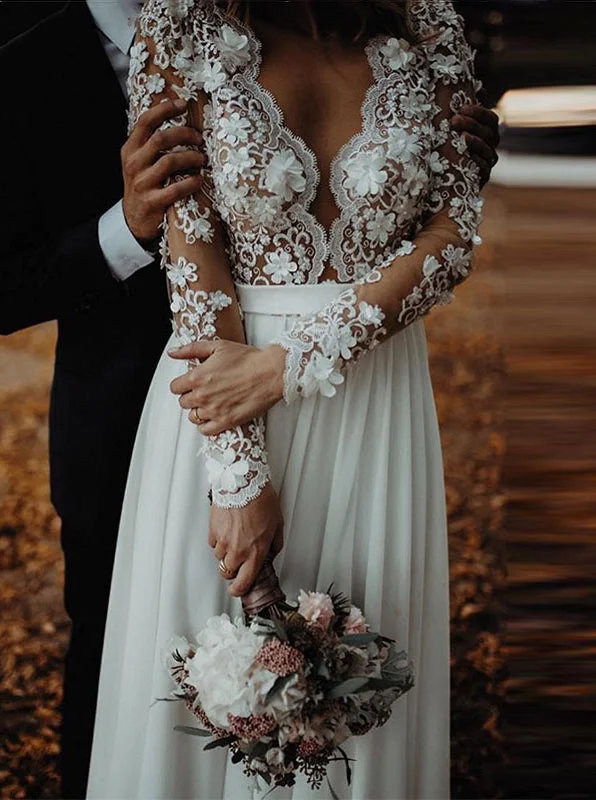 Vintage DressV-neck Lace Long Sleeve Beach Wedding Dresses Chiffon Bridal Gown With Split OW517 Vintage DressV-neck Lace Long Sleeve Beach Wedding Dresses Chiffon Bridal Gown With Split OW517
