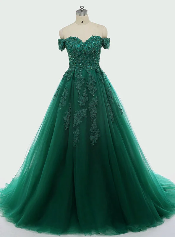 women's handmade dressesDark Green Lace Appliques Short Sleeve Ball Gown For 15 Quinceanera Dresses