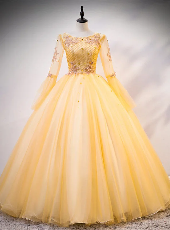 Minimalist DressGold Tulle Long Sleeve Beading Appliques Quinceanera Dress