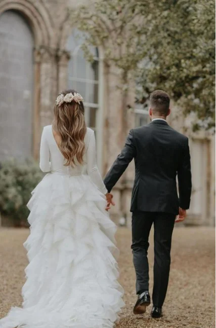 Maternity DressRuffles Long Sleeves Tulle Beach Wedding Dresses with Sweep Train