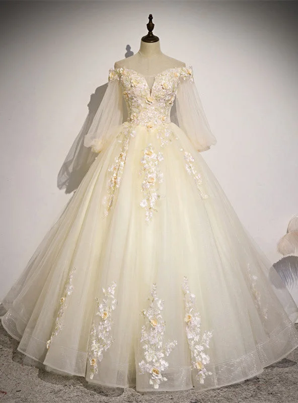 women's one-shoulder dressesChampagne Tulle Short Sleeve Appliques Quinceanera Dress