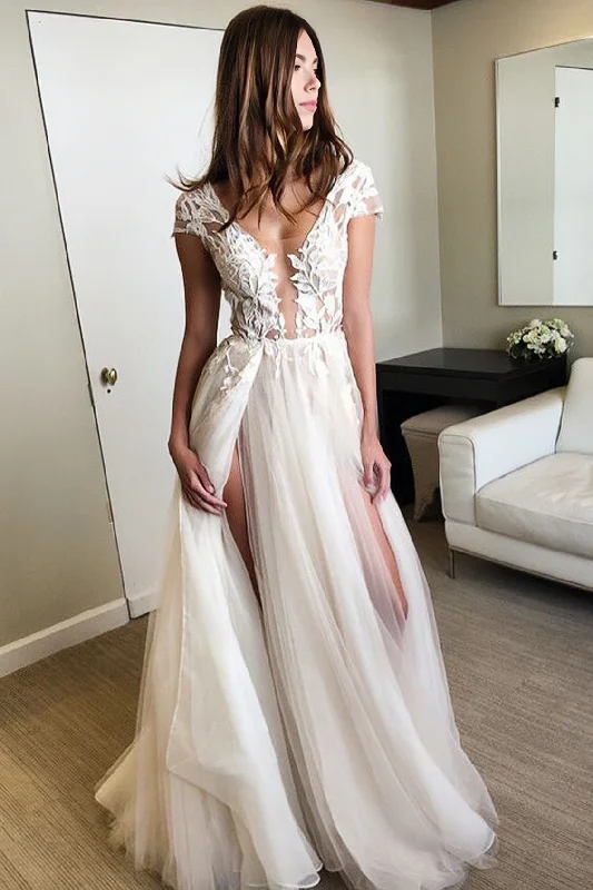 women's floral dressesSexy Split Tulle Cap Sleeves Deep V-Neck Lace Wedding Dresses