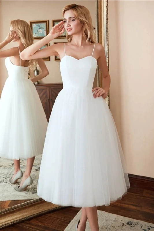 Tea-Length DressSpaghetti Straps Ivory Satin Tulle Beach Wedding Dress Y0260