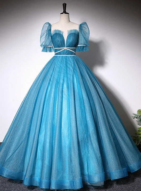 women's solid color dressesBlue Tulle Short Sleeve Backless Quinceanera Dress