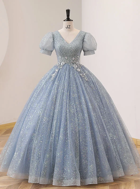 women's denim dressesBlue Tulle Sequins V-neck Pleats Short Sleeve Quinceanera Dress