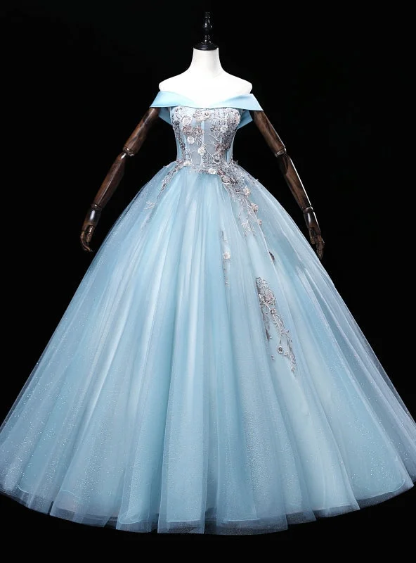 Sequined DressBlue Tulle Embroidery Sequins Off the Shoulder Quinceanera Dress