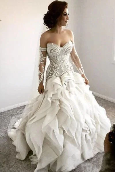 women's plus-size dressesGorgeous Sweetheart Ruffles Wedding Dress with Detachable Sleeves N2429
