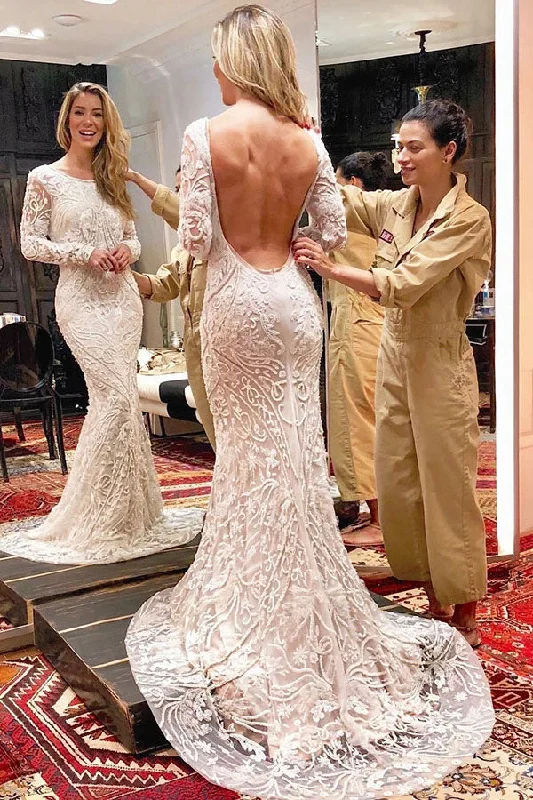 women's flutter-sleeved dressesIvory Backless Long Sleeves Mermaid Lace Wedding Dresses