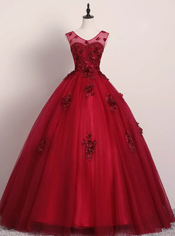 Pearl DressGet Your Discounts Burgundy Ball Gown Tulle Appliques V-neck Quinceanera Dress
