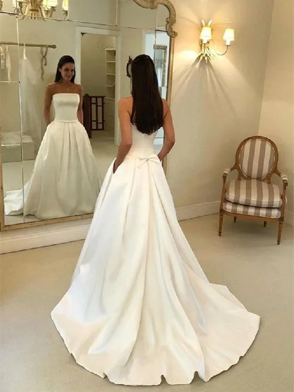 women's formal dressesSimple Satin Strapless Wedding Dresses, Long Bridal Dress with Pockets OW506
