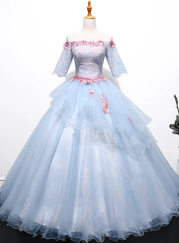 women's handmade dressesBlue Ball Gown Tulle Lace Short Sleeve Lace Quinceanera Dresses