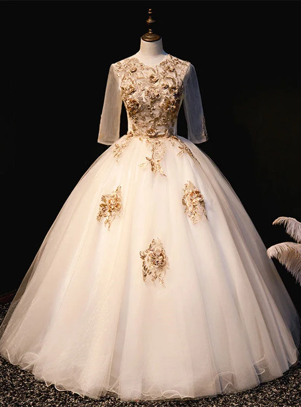 Pastel DressChampagne Gold Tulle Short Sleeve Appliques Quinceanera Dress