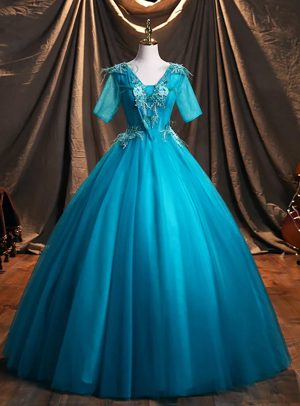 women's checkered dressesBlue Tulle Short Sleeve Appliques Quinceanera Dresses
