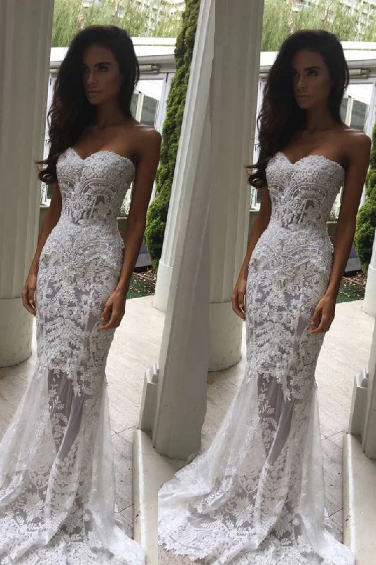 women's made-to-order dressesMermaid Sweetheart Long Lace Wedding Dress Strapless Sweep Train Bridal Dress N523