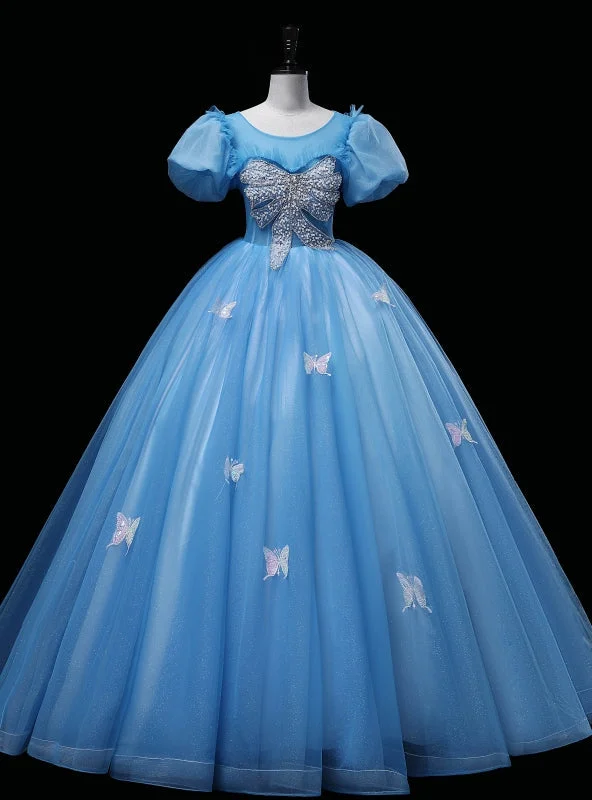 Zip-Up DressBlue Tulle Puff Sleeve Beading Quinceanera Dress