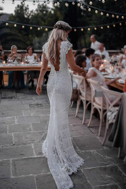 women's evening dressesBoho Mermaid Lace Beach Wedding Dresses Cap Sleeve Bohemian Bridal Gown