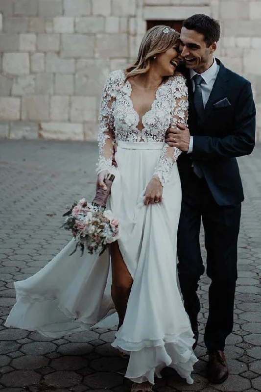 women's sleeveless dressesFloor Length Long Sleeves Sheer Neck Split Appliques Chiffon Beach Wedding Dresses N2491