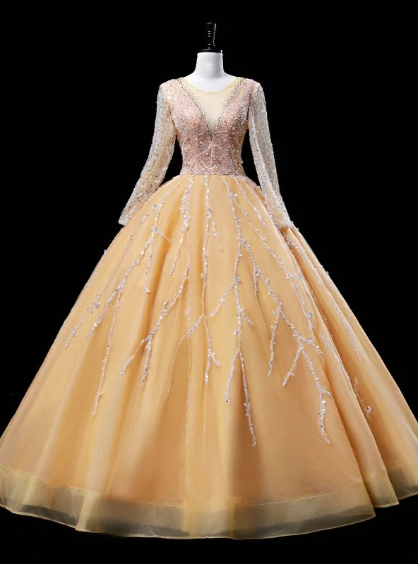 Chic DressGold Tulle Long Sleeve Sequins Beading Quinceanera Dress