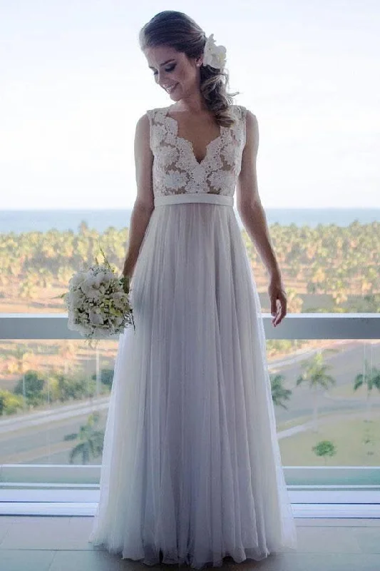women's beach dressesA Line Floor Length V Neck Sleeveless Tulle Beach Wedding Dress with Lace N2401