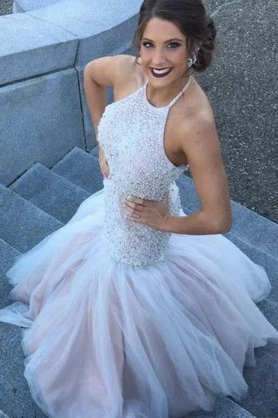 women's vacation dressesGorgeous Halter Mermaid Beading Wedding Dresses Beaded Backless Mermaid Bridal Dresses N2400