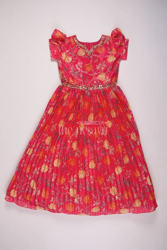 Zip-Up DressVibrant Red and Orange Floral Girls Chinon Silk Gown with Puff Sleeves for Cocktail Parties