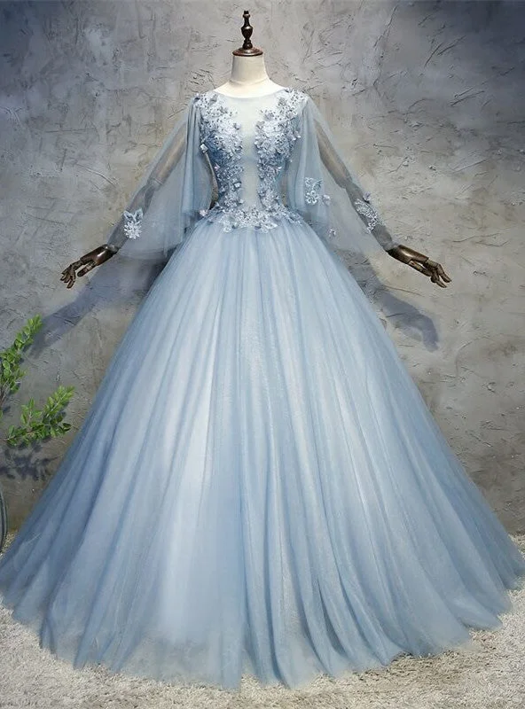 women's trendy dressesBlue Gray Tulle Flaying Sleeve Appliques Quinceanera Dress