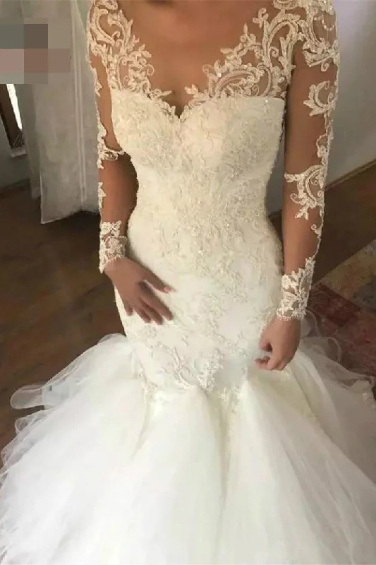Retro DressMermaid Wedding Dresses with Long Sleeves V Neck Long Bridal Dresses with Lace Appliques N1436