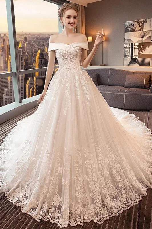 women's midi dressesGorgeous Off the Shoulder Lace Long Train Princess Wedding Dresses