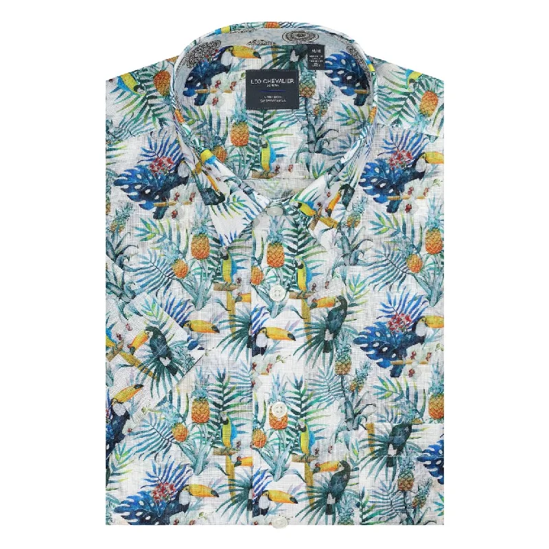Men's Performance Shirts for Active LifestylesTropical Print Short Sleeve No-Iron Cotton Sport Shirt with Hidden Button Down Collar by Leo Chevalier