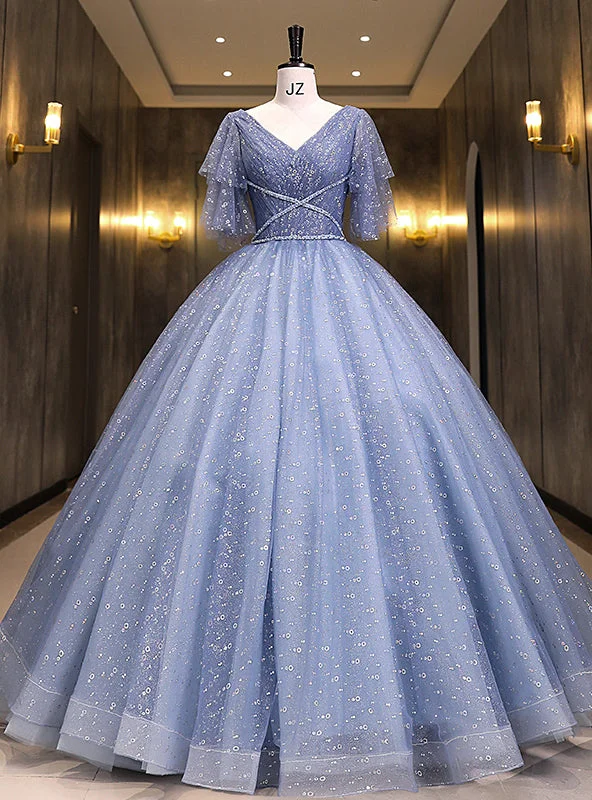 women's maxi dressesBlue Tulle Sequins Pleats V-neck Quinceanera Dress
