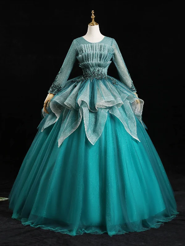 Peter Pan Collar DressBlue Tulle Long Sleeve Pleats Appliques Beading Quinceanera Dress