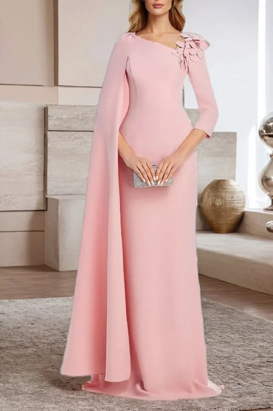 High-Neck Dress3/4 Sleeve Elegant Pink Long Wedding Party Dress