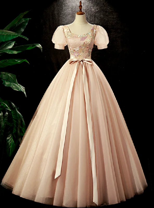 Beaded DressChampagne Pink Tulle Puff Sleeve Quinceanera Dress