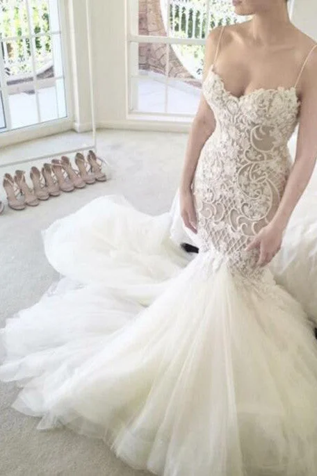 women's stylish dressesIvory Mermaid Backless Spaghetti Straps Court Train Lace Tulle Wedding Dresses