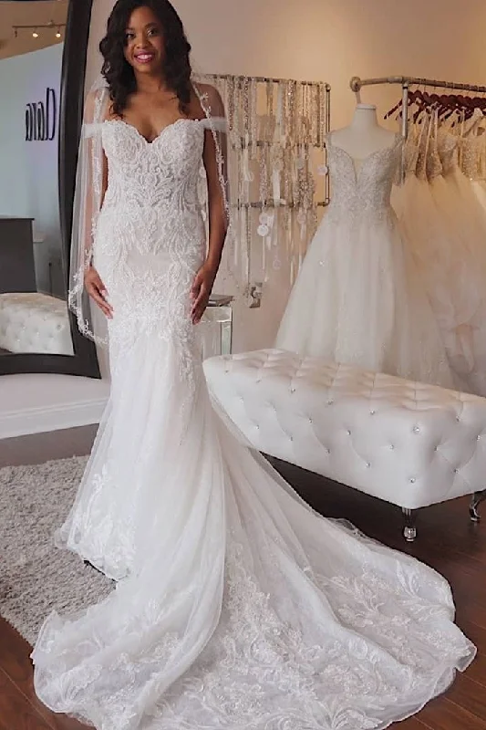 Leather DressModest Off The Shoulder Long Elegant Lace Sheath Wedding Dresses Y0145
