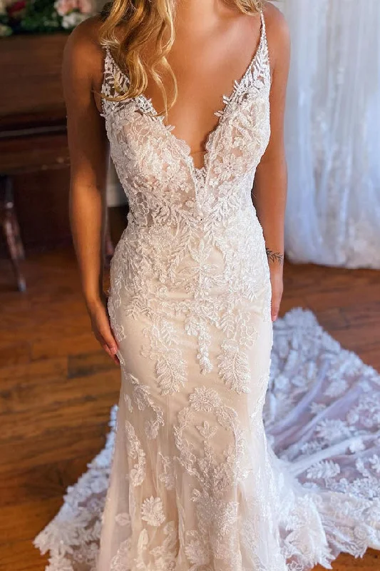 Flutter-Sleeve DressStraps Mermaid V Neck Lace Wedding Dresses with Appliques N117