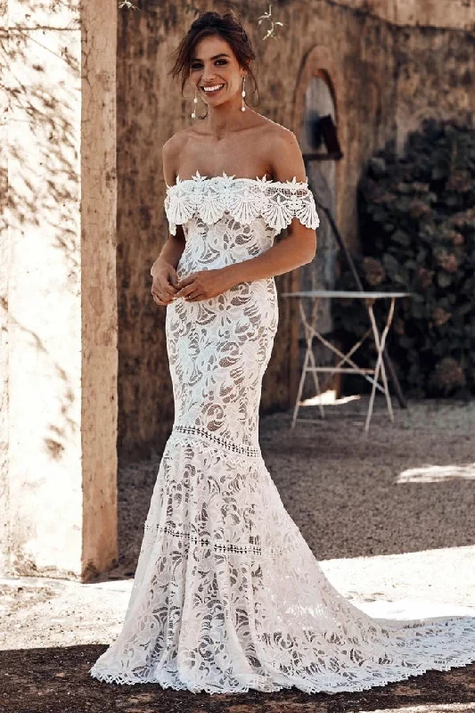women's flutter-sleeved dressesCharming Off the Shoulder Lace Bridal Dresses Boho Wedding Dresses Beach Wedding Dresses N2242