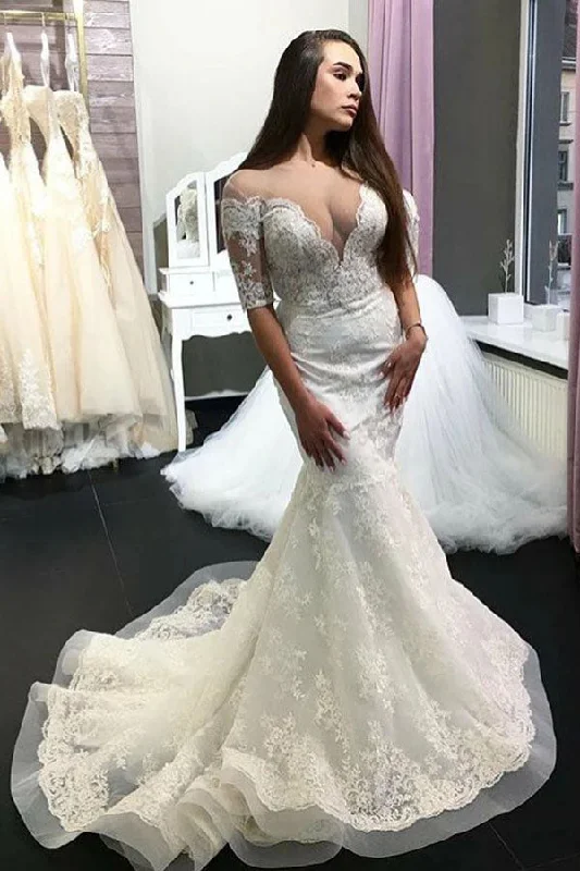 women's lace-up dressesGorgeous Sheer Neck Half Sleeves Lace Appliques Mermaid Long Wedding Dresses N2484
