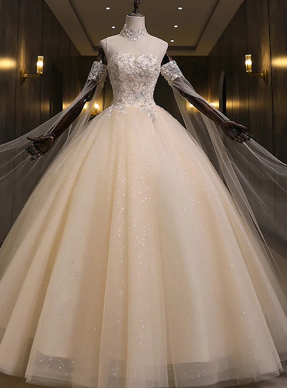 women's satin dressesChampagne Tulle Sequins High Neck Beading Quinceanera Dress