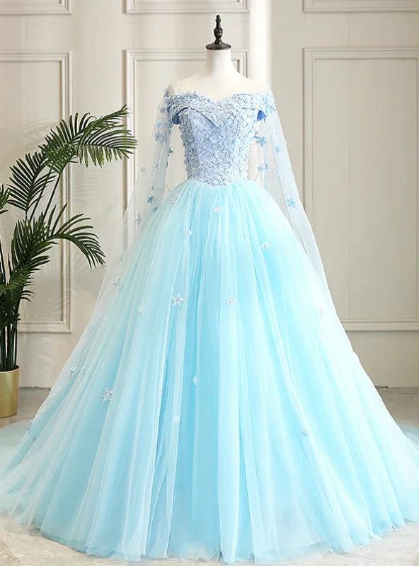 Satin DressFit Your Fashion Sense Light Blue Ball Gown Tulle Off the Shoulder Appliques Quinceanera Dress