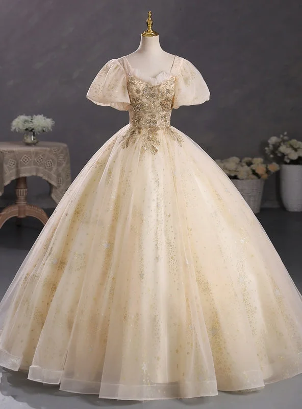 women's metallic dressesChampagne Tulle Sequins Square Puff Sleeve Quinceanera Dress