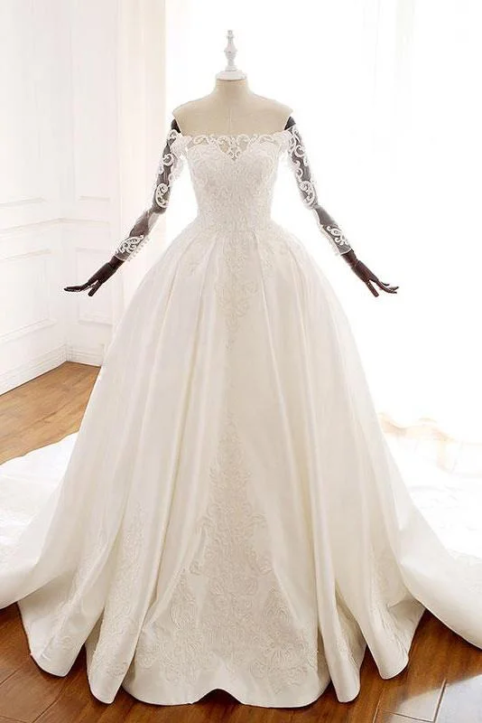 women's maxi dressesBall Gown Long Sleeves Wedding Dresses with Lace Appliques Satin Bridal Gown N2582