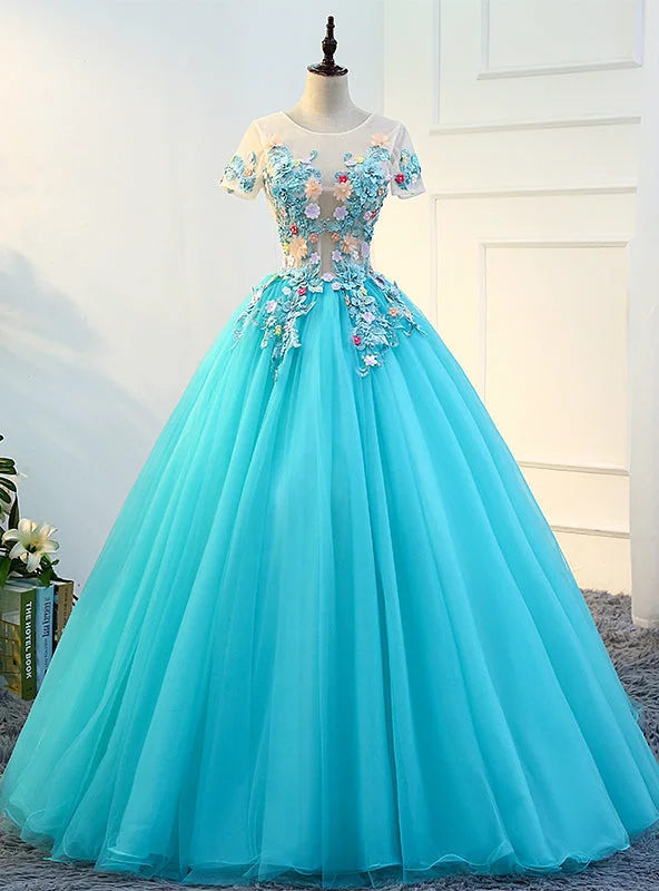 women's versatile dressesBlue Ball Gown Tulle Short Sleeve Appliques Quinceanera Dresses