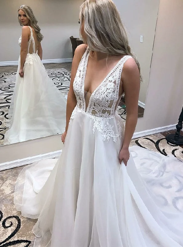 women's bell-sleeved dressesChiffon Deep V-Neck Long Wedding Dress With Lace Appliques OW425