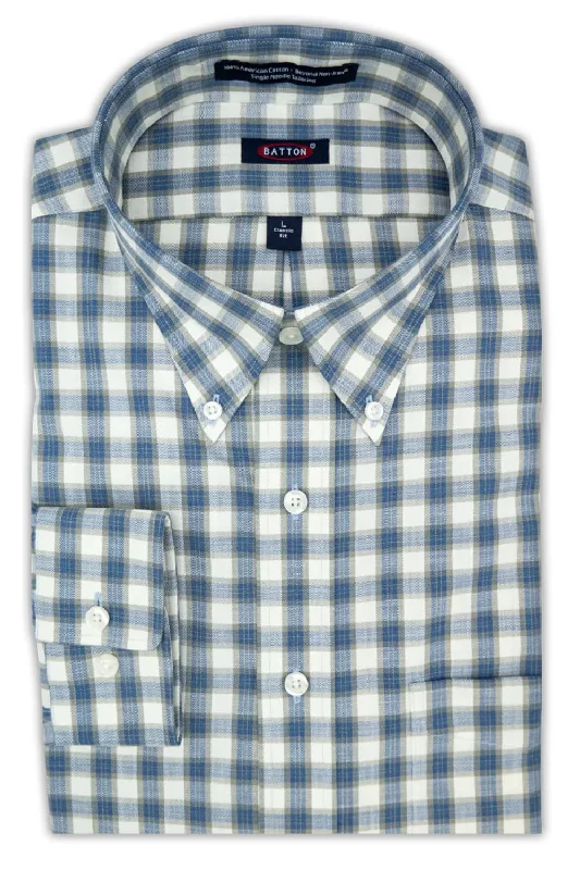 Men's Designer Shirts for a Statement Piece'Noah' Blue and Sage Plaid Long Sleeve Beyond Non-Iron® Cotton Sport Shirt by Batton