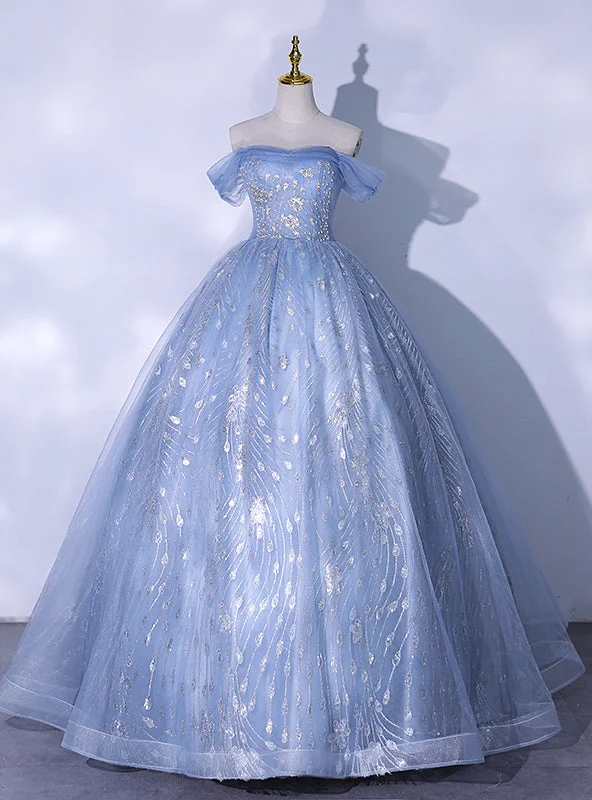 women's prom dressesBlue Tulle Sequins Off the Shoulder Quinceanera Dress